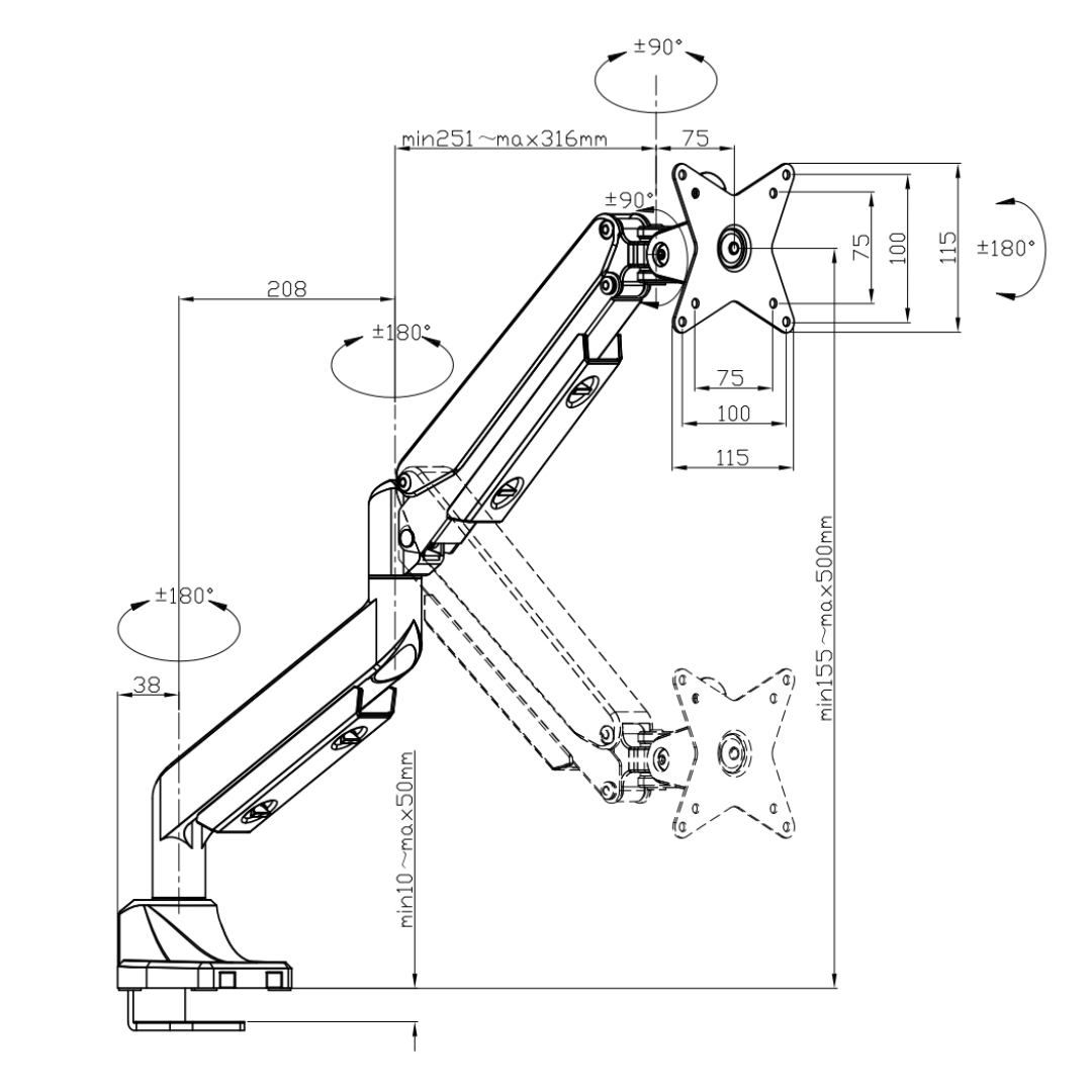 Heavy Duty Single Monitor Arm (Mechanical Spring) - SG06-21